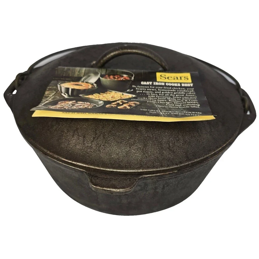 Vintage 1960s Sears #8 Cast Iron Dutch Oven Lodge Smooth Bottom Original Insert